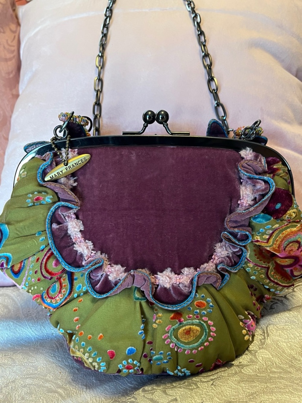 Mary Frances Vintage Olive & Mauve Floral Beaded Clutch, NWT - Picture 4 of 15